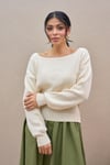 Krem Kayık Yaka Triko Oversize Kazak