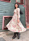 Krem Pembe Çiçekli Uzun Kloş Elbise