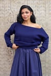 Lacivert Kayık Yaka Triko Oversize Kazak