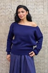 Lacivert Kayık Yaka Triko Oversize Kazak