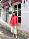 Narçiçeği Omuzdan Fırfırlı Uzun Poplin Tunik