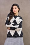 Siyah Baklava Desenli Oversize Kazak