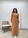 Tesettür Camel Müslin Belden Büzgülü Elbise