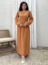 Tesettür Camel Müslin Belden Büzgülü Elbise