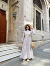 Tesettür Gri-Kahve Mini Çiçekli Kloş Elbise