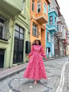 Tesettür Kırmızı Papatya Poplin Kloş Elbise