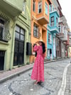 Tesettür Kırmızı Papatya Poplin Kloş Elbise