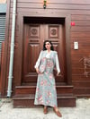 Uzun Turkuaz-Pembe Çiçekli Pazen Yelek-Etek Takımı (2li Takım)