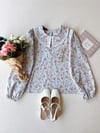 Vintage Mavi-Bordo Çiçekli Bebe Yaka Dantelli Poplin Bluz