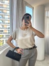 Bej Triko Detaylı Saten Bluz