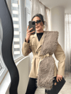 Bej Vatkalı  Kuşaklı Blazer Ceket