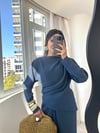 Lacivert Asimetrik Bluz Büzgü Detaylı Etek Takım