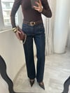 Lacivert Kemerli Dikiş Detaylı Denim Jean