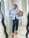 Mavi Çizgili Dantel Detaylı Oversize Gömlek