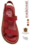 SERMODA , Sandals , Hakiki Deri Erkek Sandalet - Yumuşak Kalın Tabanlı Hakiki Deri Erkek Sandalet Kırmızı