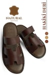 SERMODA , Slippers , Hakiki Deri Erkek Terlik - Yumuşak Kalın Tabanlı Hakiki Cırtlı Deri Erkek Terlik Şırıngıl Kahve