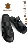 SERMODA , Slippers , Hakiki Deri Erkek Terlik - Yumuşak Kalın Tabanlı Hakiki Cırtlı Deri Erkek Terlik Şırıngıl Siyah