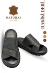 SERMODA , Slippers , Hakiki Deri Erkek Terlik - Yumuşak Kalın Taban Tabanlı Hakiki Deri Erkek Terlik Şırıngıl Füme