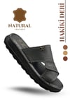 SERMODA , Slippers , Hakiki Deri Erkek Terlik - Yumuşak Kalın Taban Tabanlı Hakiki Deri Erkek Terlik Şırıngıl Füme