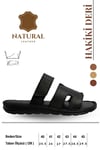 SERMODA , Slippers , Hakiki Deri Erkek Terlik - Yumuşak Kalın Tabanlı Hakiki Cırtlı Deri Erkek Terlik Şırıngıl Siyah