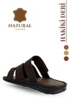 SERMODA , Slippers , Hakiki Deri Erkek Terlik - Yumuşak Kalın Tabanlı Hakiki Cırtlı Deri Erkek Terlik Şırıngıl Kahve