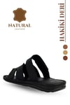 SERMODA , Slippers , Hakiki Deri Erkek Terlik - Yumuşak Kalın Tabanlı Hakiki Cırtlı Deri Erkek Terlik Şırıngıl Siyah