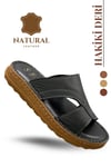 SERMODA , Slippers , Hakiki Deri Erkek Terlik - Yumuşak Kalın Taban Tabanlı Hakiki Deri Erkek Terlik A Şır Füme