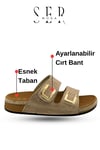 SERMODA , Terlik , Kadın Terlik - Cırtlı Bantlı Rahat Kalın Tabanlı Deri Etnik Desen Kadın Terlik Krem
