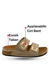 SERMODA , Terlik , Kadın Terlik - Cırtlı Bantlı Rahat Kalın Tabanlı Deri Etnik Desen Kadın Terlik Krem