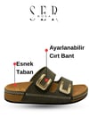 SERMODA , Terlik , Kadın Terlik - Cırtlı Bantlı Rahat Kalın Tabanlı Deri Etnik Desen Kadın Terlik Haki