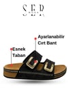 SERMODA , Ev Terliği , Kadın Terlik - Cırtlı Bantlı Rahat Kalın Tabanlı Deri Etnik Desen Kadın Terlik Siyah