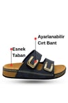 SERMODA , Terlik , Kadın Terlik - Cırtlı Bantlı Rahat Kalın Tabanlı Deri Etnik Desen Kadın Terlik Lacivert