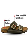 SERMODA , Terlik , Kadın Terlik - Cırtlı Bantlı Rahat Kalın Tabanlı Deri Etnik Desen Kadın Terlik Haki