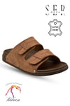 SERMODA , Slippers , Sermoda Erkek Terlik - Çift Cırtlı Ayarlanabilir Esnek Taban Deri Erkek Terlik C Taba