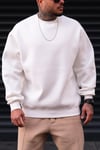  Erkek Düz Kırık Beyaz Krem Ekru Basic Baskısız Sıfır Bisiklet Yaka Oversize Salaş Sweatshirt Sweat