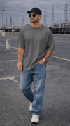 1 Adet Erkek Antrasit Melanj Basic Düz Baskısız Oversize Salas Loose Fit T-shirt