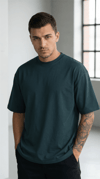 1 Adet Erkek Koyu Petrol Yeşil Basic Düz Baskısız Oversize Salas Loose Fit T-shirt