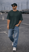 1 Adet Erkek Koyu Petrol Yeşil Basic Düz Baskısız Oversize Salas Loose Fit T-shirt