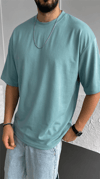 1 Adet Erkek Turkuaz Basic Düz Baskısız Oversize Salas Loose Fit T-shirt