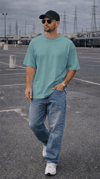 1 Adet Erkek Turkuaz Basic Düz Baskısız Oversize Salas Loose Fit T-shirt