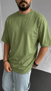 1 Adet Erkek Zeytin Yeşil Basic Düz Baskısız Oversize Salas Loose Fit T-shirt