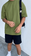 1 Adet Erkek Zeytin Yeşil Basic Düz Baskısız Oversize Salas Loose Fit T-shirt