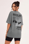1898 Baskılı Gri Oversize Salas Boyfriend Kadın T-Shirt