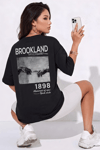 1898 Baskılı Siyah Oversize Salas Boyfriend Kadın T-Shirt