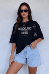 1898 Baskılı Siyah Oversize Salas Boyfriend Kadın T-Shirt
