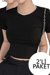 2'li Kısa Kol Kadın Siyah Bisiklet Yaka Likralı Body Crop Bluz