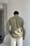 Berlin Haki Renkli Dik Çizgi Kumaş Desenli Dokulu Regular Rahat Kalıp Gömlek