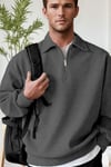Erkek Antrasit Yarım Fermuar Polo Yaka 3 İplik İçi Polarlı Şardonlu Oversize Sweatshirt