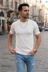 Erkek Beyaz Bisiklet Yaka Fitilli Örme Dik Çizgi Regular Kalıp Kısa Kol Tişört