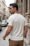 Erkek Beyaz Bisiklet Yaka Fitilli Örme Dik Çizgi Regular Kalıp Kısa Kol Tişört